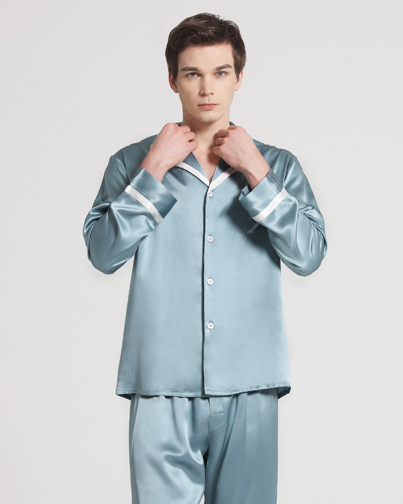 Men Silk Pajamas Sleepwear Set, Haze Blue