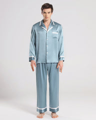 Men Silk Pajamas Sleepwear Set, Haze Blue