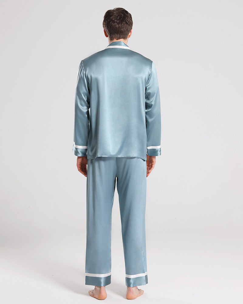 Men Silk Pajamas Sleepwear Set, Haze Blue