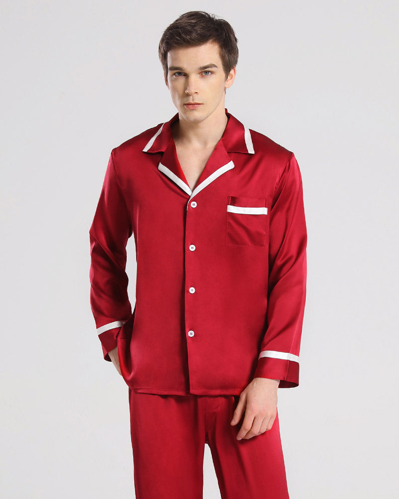 Silk Pajamas Sleepwear Set for Men, Burgundy