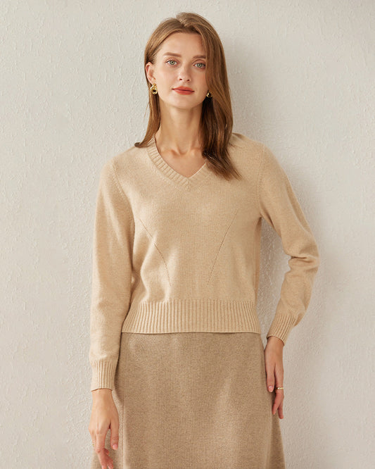 Basic V-Neck Cashmere Sweater, Beige