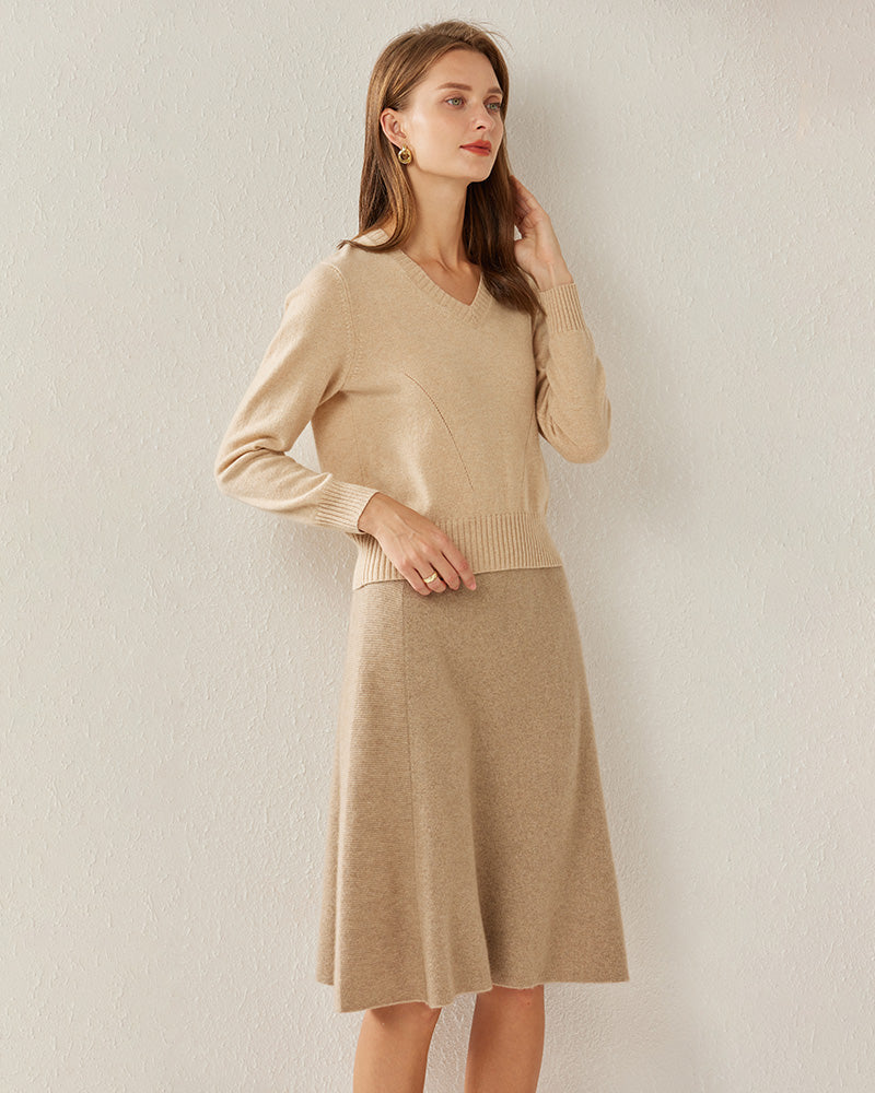 Basic V-Neck Cashmere Sweater, Beige