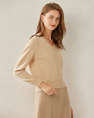 Basic V-Neck Cashmere Sweater, Beige