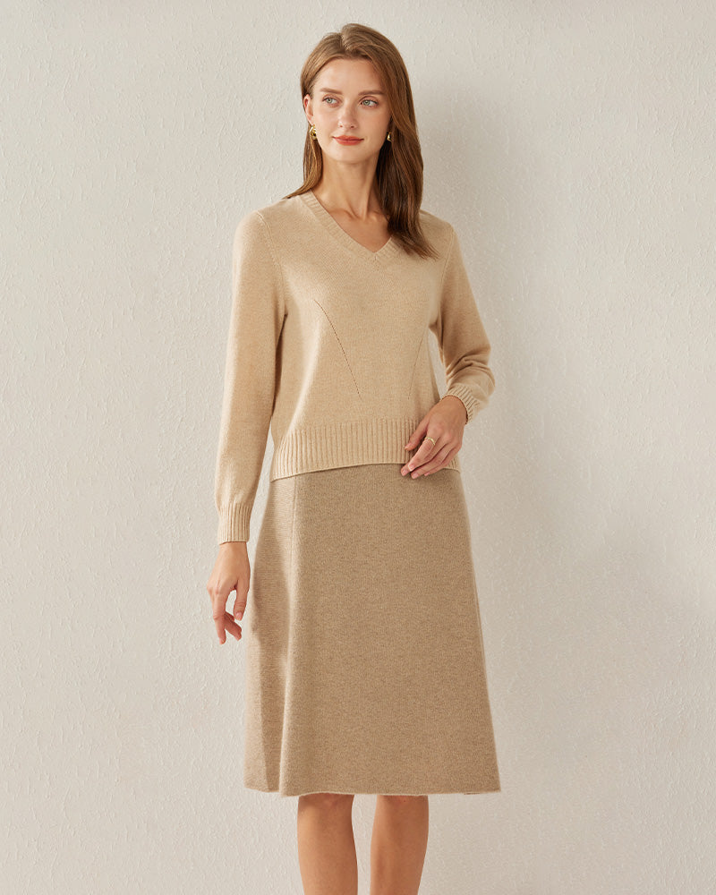 Basic V-Neck Cashmere Sweater, Beige