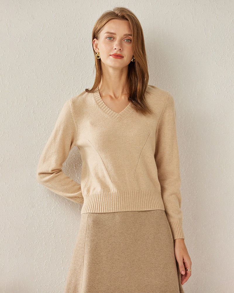 Basic V-Neck Cashmere Sweater, Beige
