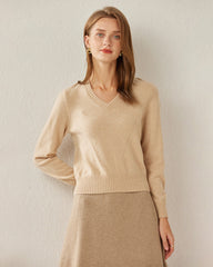 Basic V-Neck Cashmere Sweater, Beige