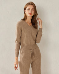 Basic V-Neck Cashmere Sweater, Khaki