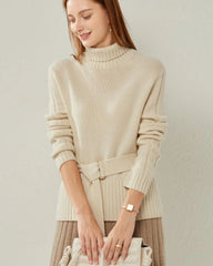 Belted Jumper Cashmere Sweater, Cream