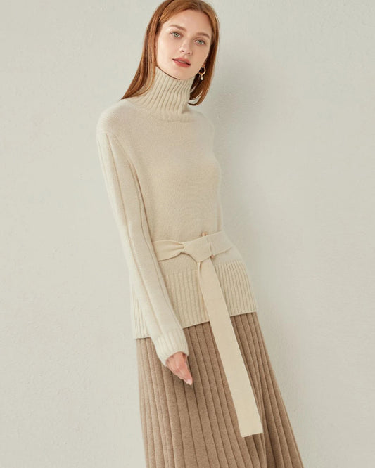 Belted Jumper Cashmere Sweater, Cream