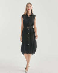 Belted Shirt Dress Sleeveless Silk Dress, Black