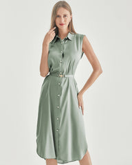 Belted Shirt Dress Sleeveless Silk Dress, Light Green