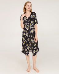 Daisy Print V-Neck Silk Midi Dress with Short Sleeves