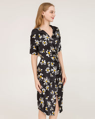 Daisy Print V-Neck Silk Midi Dress with Short Sleeves