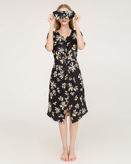 Daisy Print V-Neck Silk Midi Dress with Short Sleeves