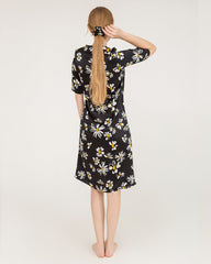 Daisy Print V-Neck Silk Midi Dress with Short Sleeves