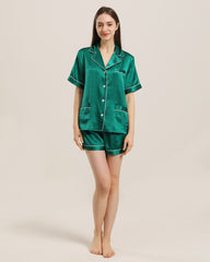 Button Up Silk Short Pajama Set Green