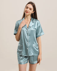 Button Up Silk Short Pajama Set Haze Blue