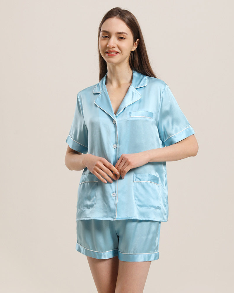 Button Up Silk Short Pajama Set Sky Blue