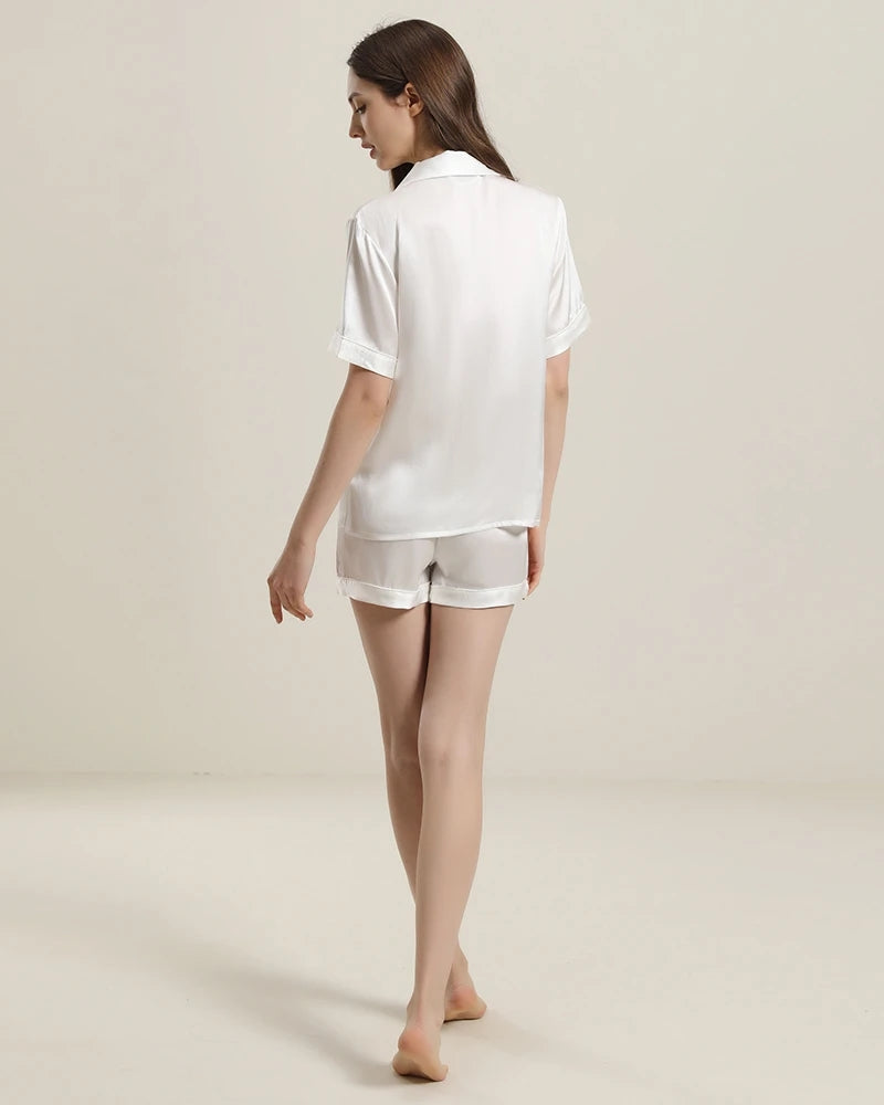 Button Up Silk Short Pajama Set White