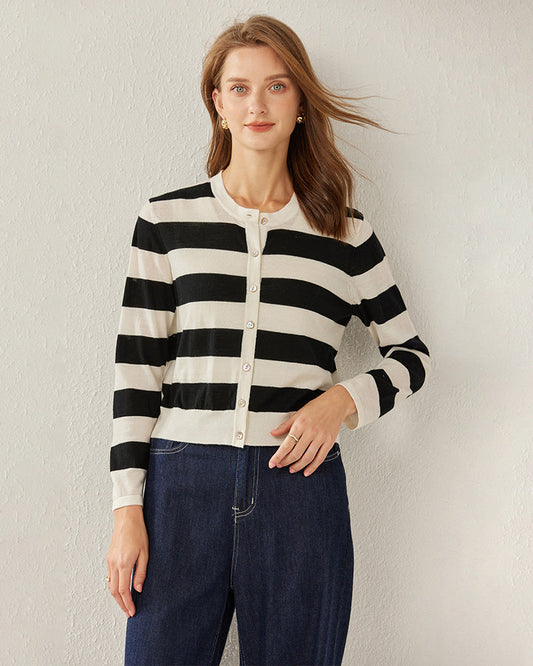 Button Up Wool Striped Knit Crew neck Cardigan
