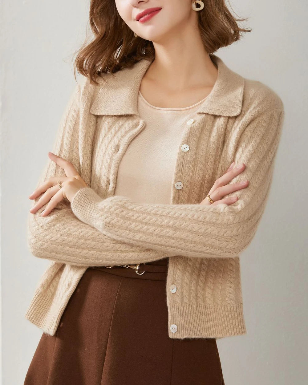 Cable Knit Cashmere Cardigan, Camel