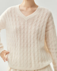 Cashmere Silk V-Neck Cable Knit Sweater