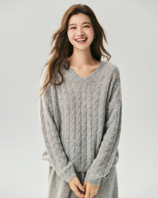 Cashmere Silk V-Neck Cable Knit Sweater