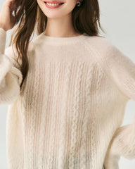 Cashmere Silk Wavy Cable Knit Crew Neck Sweater