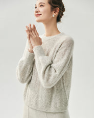 Cashmere Silk Wavy Cable Knit Crew Neck Sweater