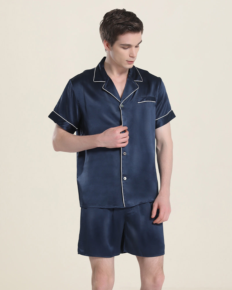 Casual Silk Short Pajamas For Men, Navy