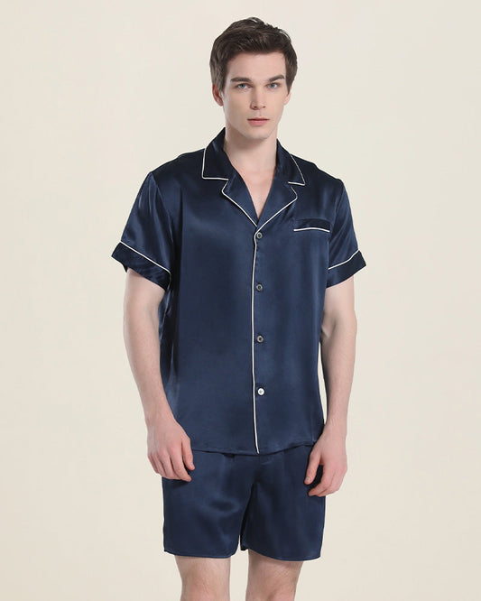 Casual Silk Short Pajamas For Men, Navy