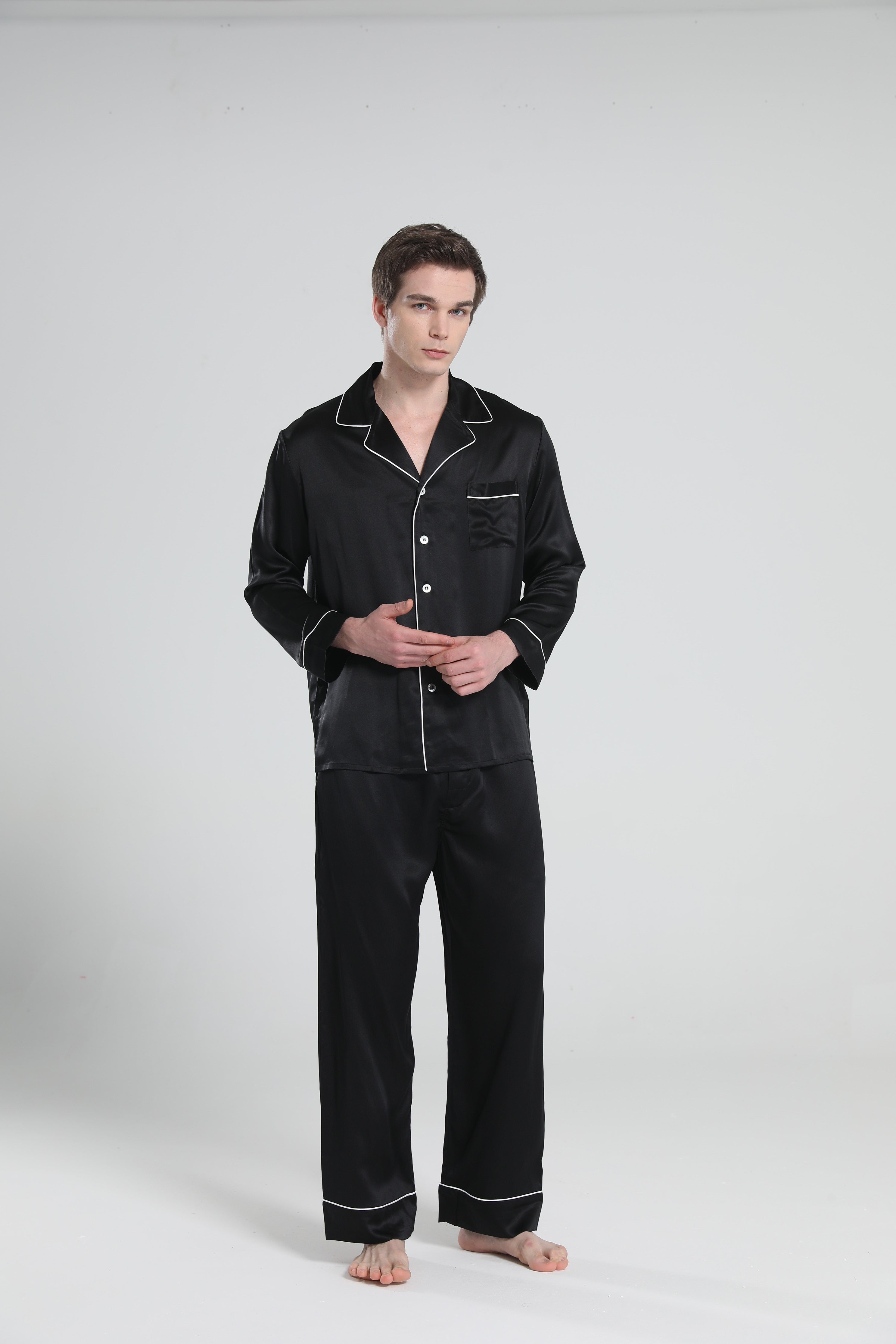 Casual Lapel Collar Silk Pajamas Set for Men, Black