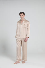 Casual Lapel Collar Silk Pajamas Set for Men, Champagne