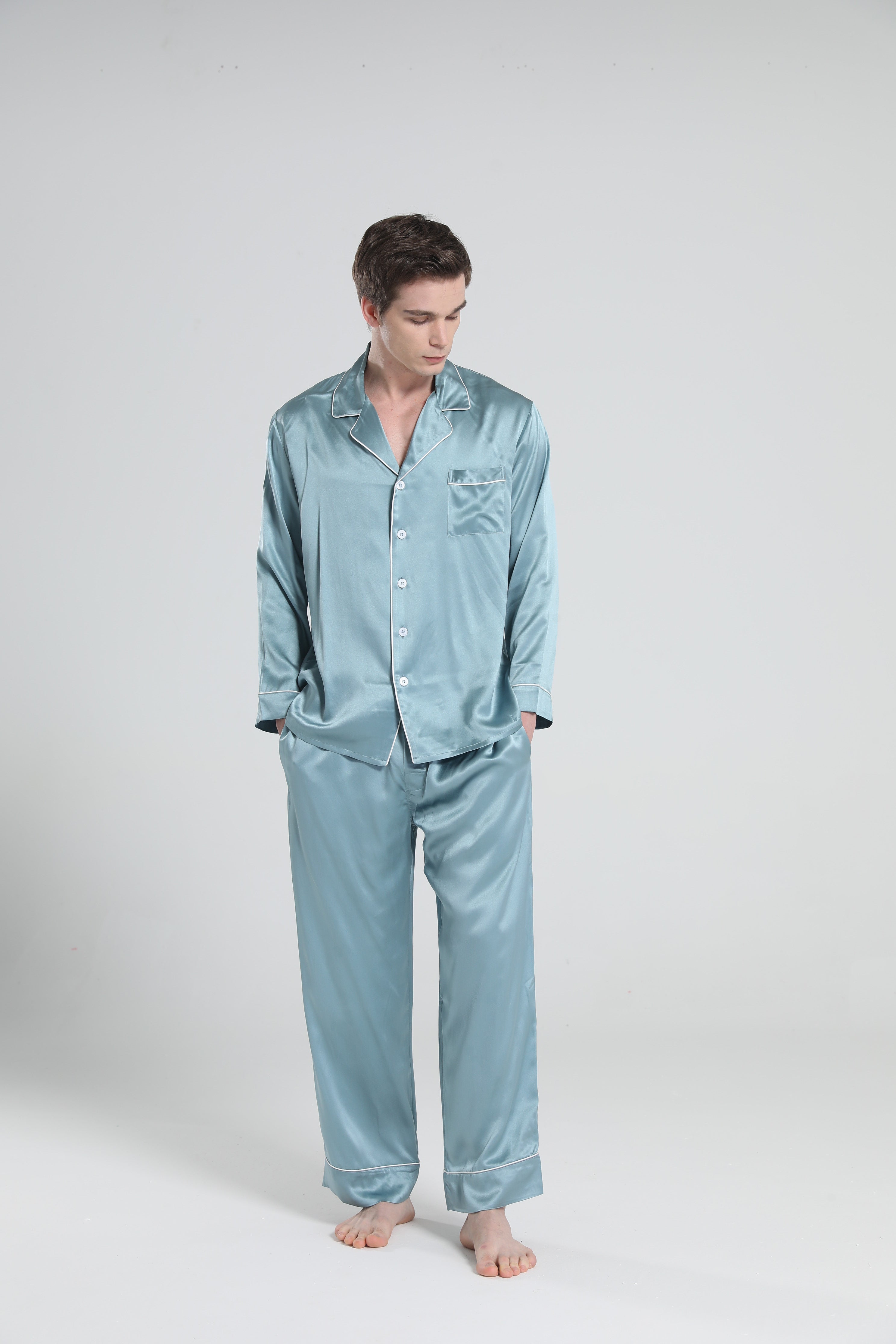 Casual Lapel Collar Silk Pajamas Set for Men, Haze Blue