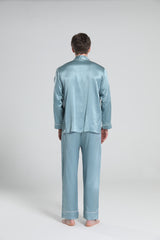 Casual Lapel Collar Silk Pajamas Set for Men, Haze Blue