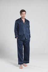 Casual Lapel Collar Silk Pajamas Set for Men, Navy