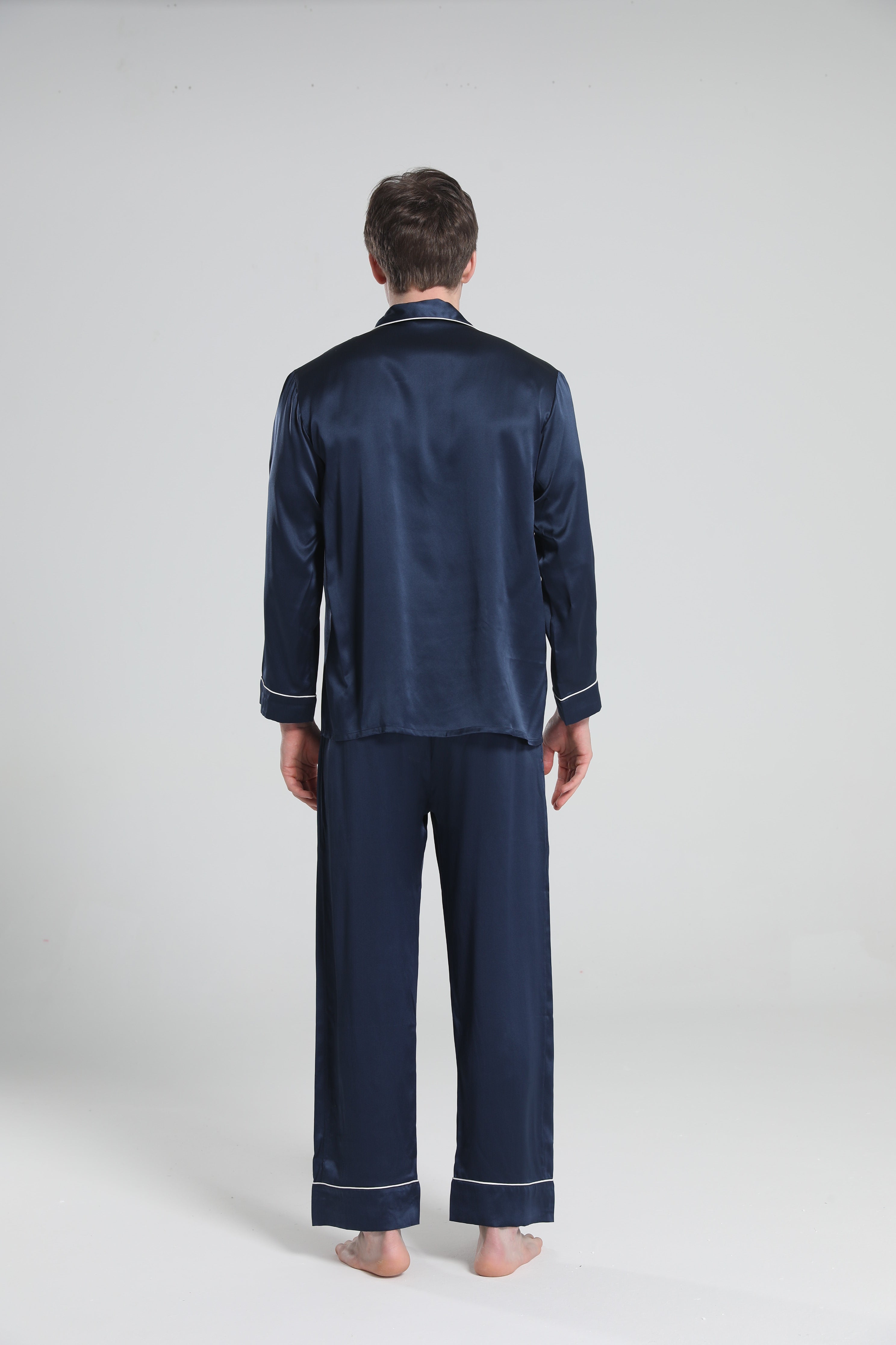 Casual Lapel Collar Silk Pajamas Set for Men, Navy