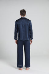 Casual Lapel Collar Silk Pajamas Set for Men, Navy