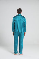 Casual Lapel Collar Silk Pajamas Set for Men, Peacock Blue