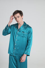 Casual Lapel Collar Silk Pajamas Set for Men, Peacock Blue