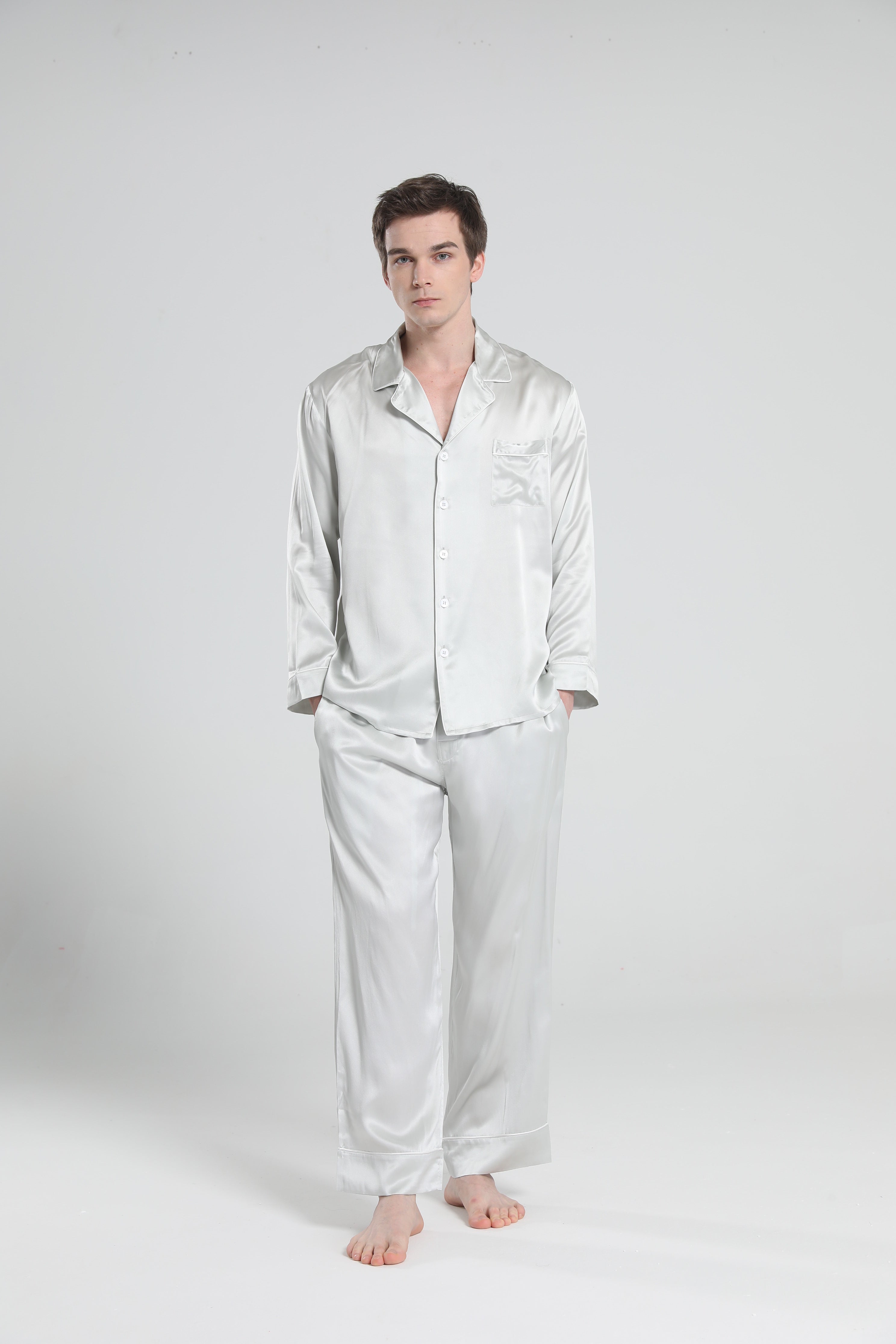 Casual Lapel Collar Silk Pajamas Set for Men, Grey