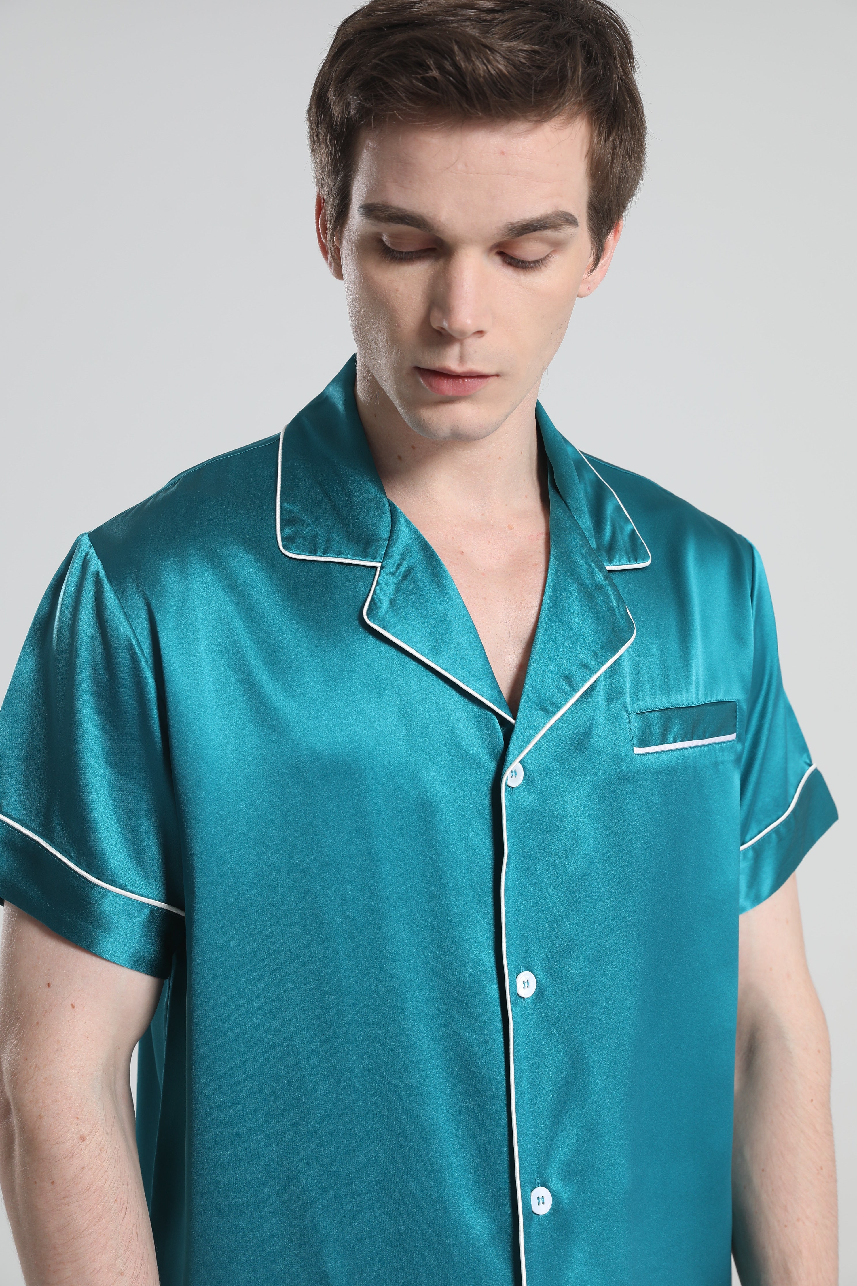 Casual Silk Short Pajamas For Men, Peacock Blue