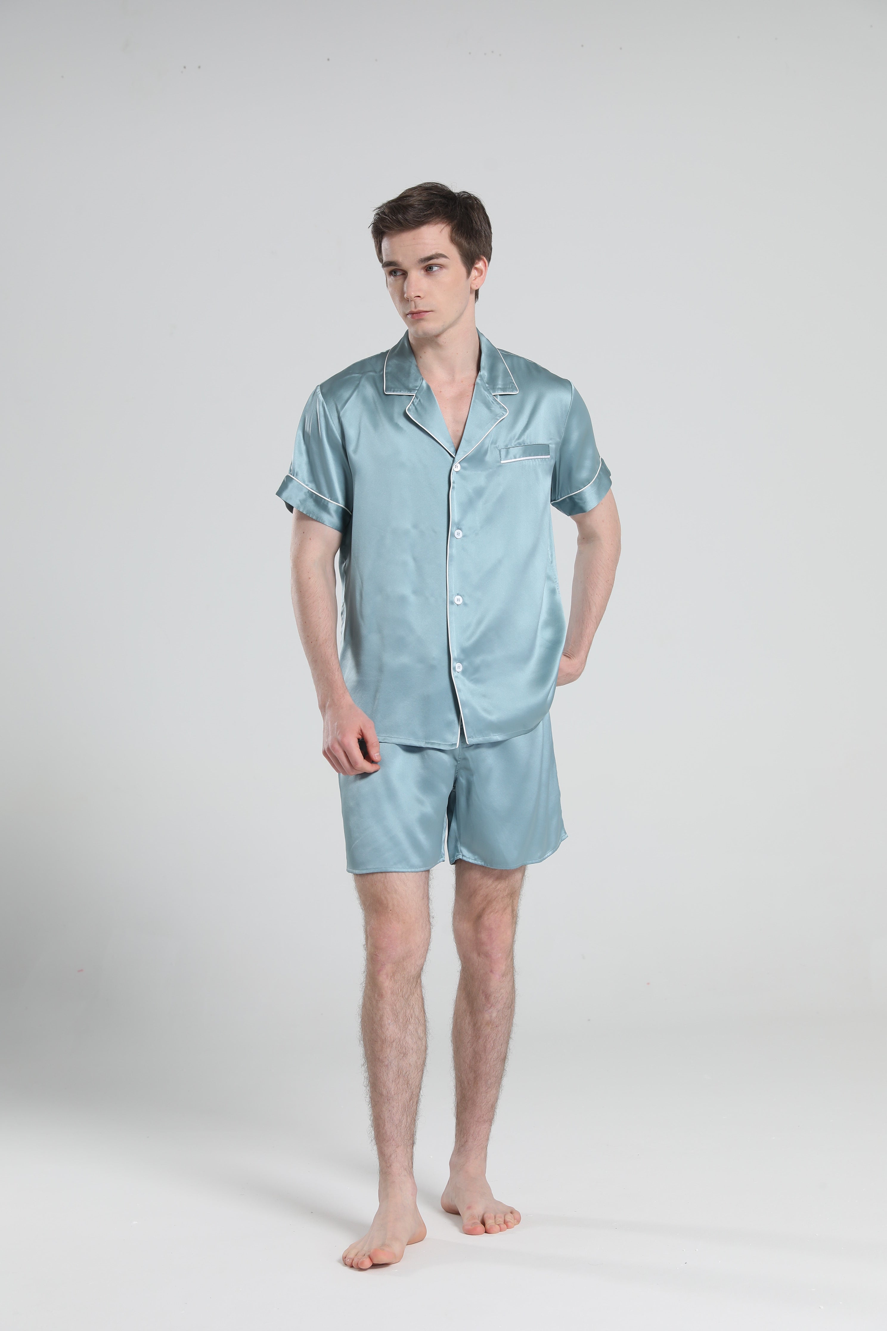 Casual Silk Short Pajamas For Men, Haze Blue