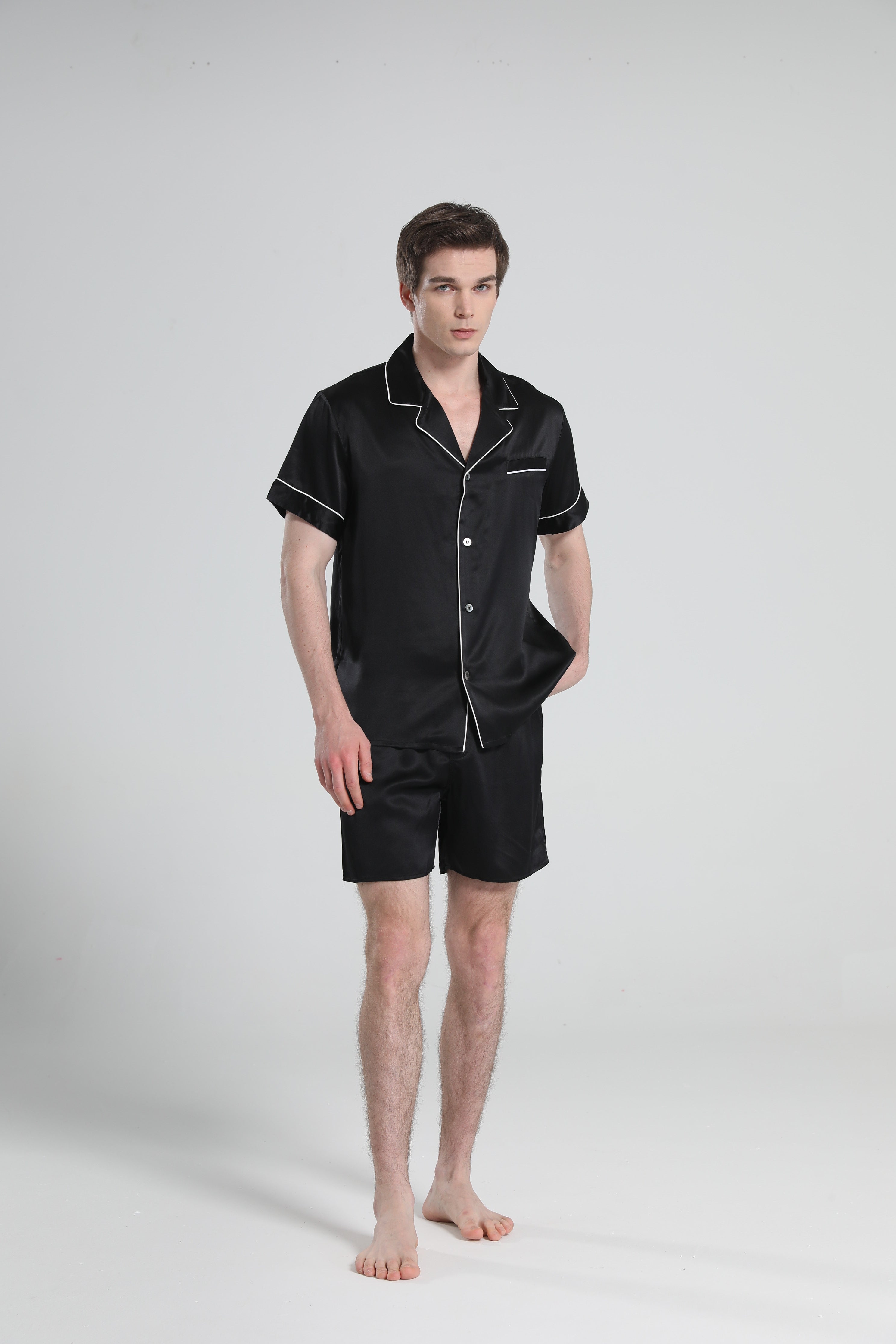 Casual Silk Short Pajamas For Men, Black