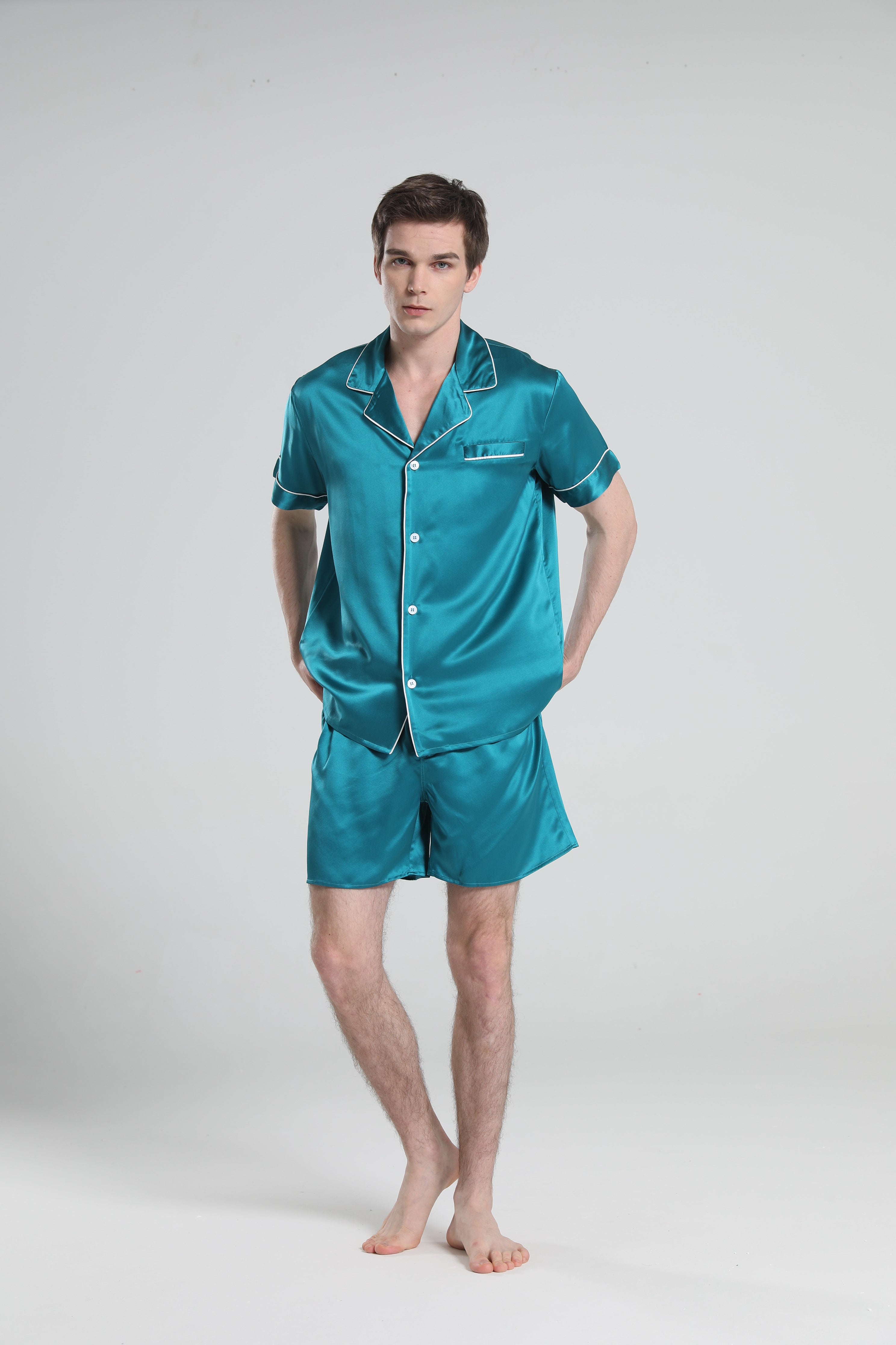 Casual Silk Short Pajamas For Men, Peacock Blue