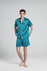 Casual Silk Short Pajamas For Men, Peacock Blue