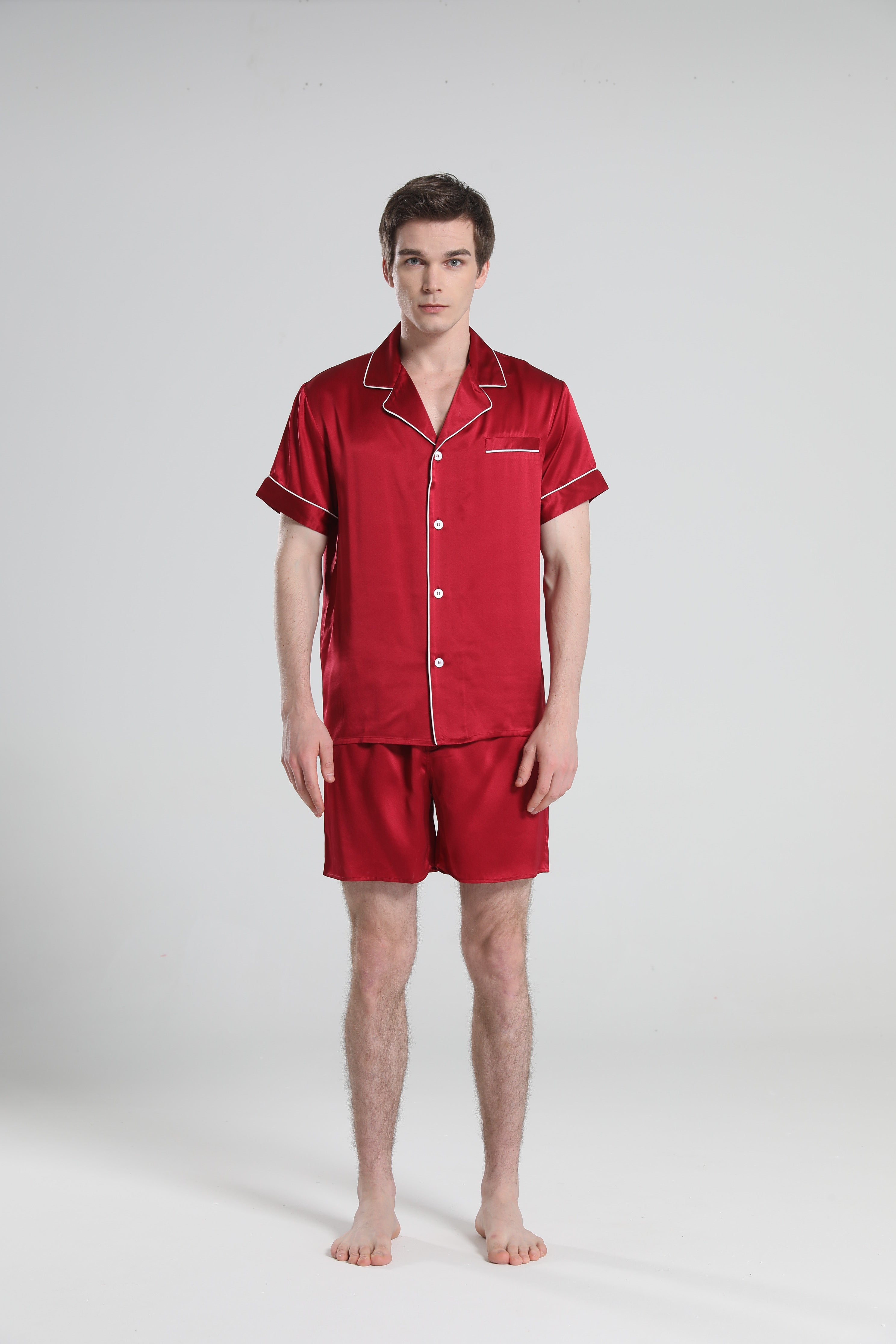 Casual Silk Short Pajamas For Men, Red