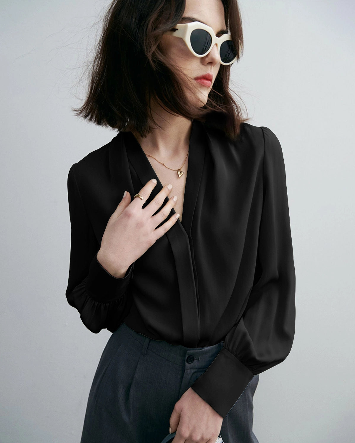 Chic Deep V-Neck Silk Blouse, Black