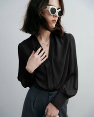 Chic Deep V-Neck Silk Blouse, Black