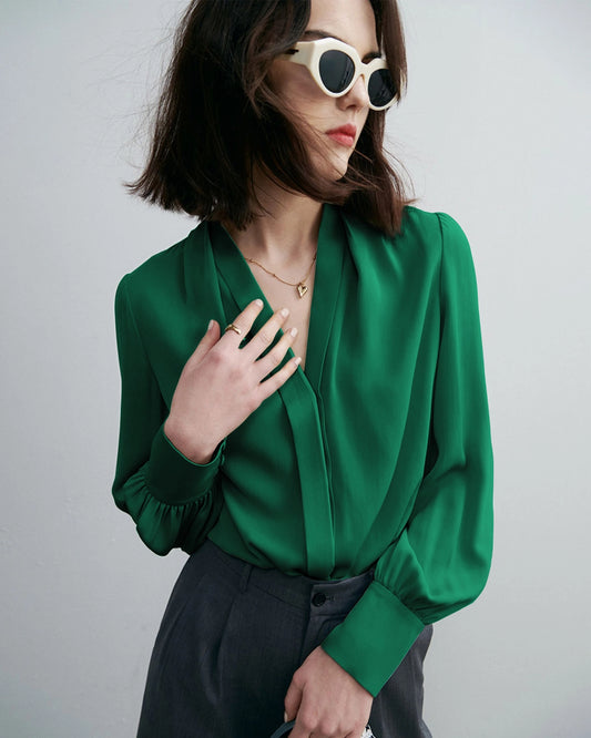 Chic Deep V-Neck Silk Blouse, Dark Green